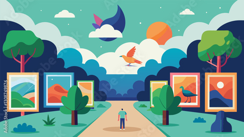The park transforms into a gallery as the finished paintings are displayed and admired each one a unique and stunning representation of the natural. Vector illustration