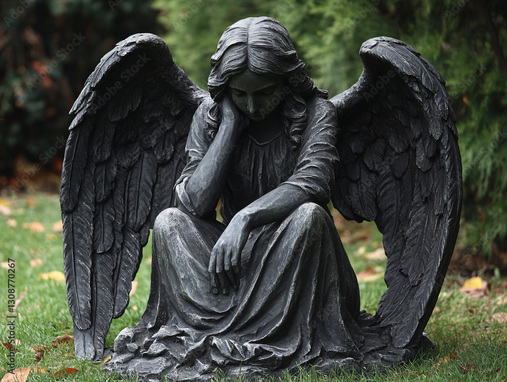 Fototapeta premium Mourning Angel Statue in a Garden: A solemn stone angel statue with spread wings, lost in thought, sits gracefully amidst the backdrop of a serene garden.