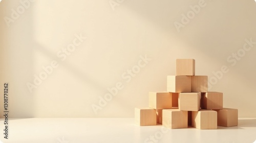 Wooden blocks arranged in a pyramid shape against a neutral backdrop illuminated by soft sunlight