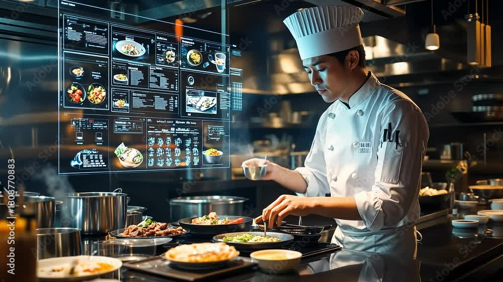 In a bustling modern kitchen, a skilled chef meticulously prepares dishes using advanced technology. Hints of steam and vibrant ingredients fill the air as flavors come to life. In a bustling modern kitchen, a skilled chef meticulously prepares dishes using advanced technology. Hints of steam and vibrant ingredients fill the air as flavors come to life.