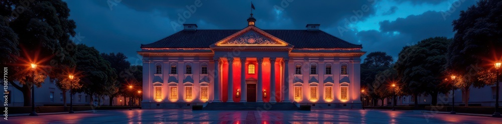 Fototapeta premium Dramatic night scene, illuminated facade, architectural detail, dark, classic, real estate