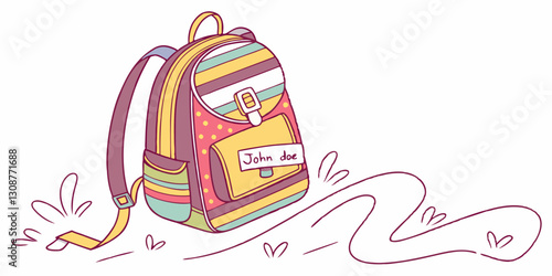 Illustration of a colorful backpack sitting on the ground. Use for school, travel, and childhood-themed websites and blogs
