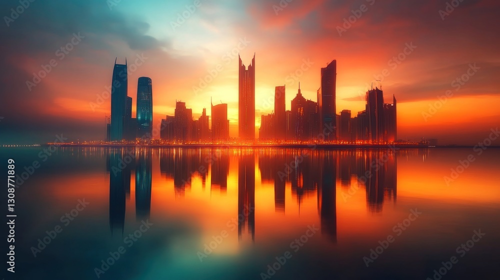 Obraz premium Silhouette of a city reflecting onto the tranquil water at sunset