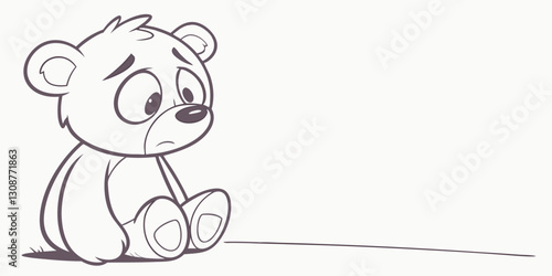  Cartoon illustration of a sad teddy bear sitting alone. Use on children's stories, emotional support blogs, and artwork related to loneliness.