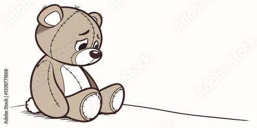  Cartoon illustration of a sad teddy bear sitting alone. Use on children's stories, emotional support blogs, and artwork related to loneliness.