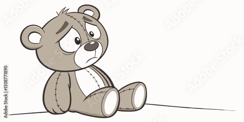  Cartoon illustration of a sad teddy bear sitting alone. Use on children's stories, emotional support blogs, and artwork related to loneliness.