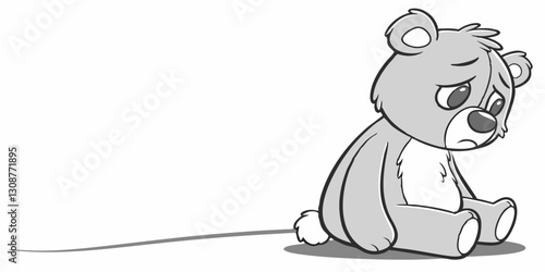  Cartoon illustration of a sad teddy bear sitting alone. Use on children's stories, emotional support blogs, and artwork related to loneliness.