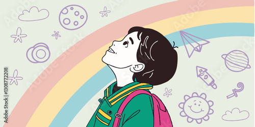 A child looks up at a rainbow background surrounded by colorful, dreamy illustrations. Perfect for imagination, creativity and inspirational blogs.