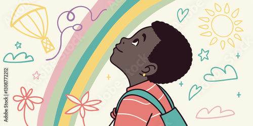A child looks up at a rainbow background surrounded by colorful, dreamy illustrations. Perfect for imagination, creativity and inspirational blogs.