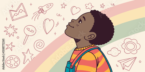 A child looks up at a rainbow background surrounded by colorful, dreamy illustrations. Perfect for imagination, creativity and inspirational blogs.