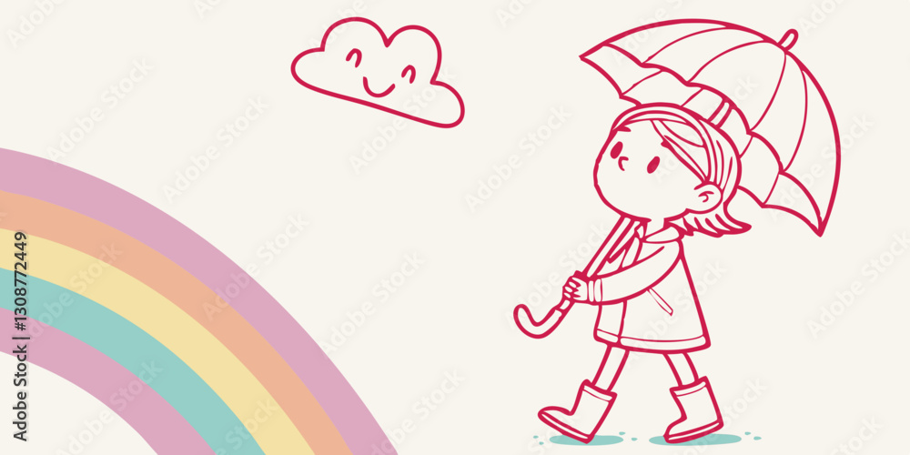 Colorful cartoon illustration of child with an umbrella walking under rainbow for children's websites and blogs about weather or topics of happiness and imagination. Colorful cartoon illustration of child with an umbrella walking under rainbow for children's websites and blogs about weather or topics of happiness and imagination.