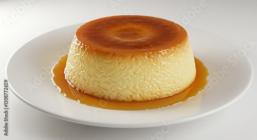 A plate of Cape Verdean pudim de leite, a smooth caramel flan, isolated on white photo