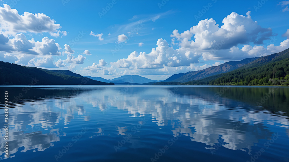 beautiful blue lake view, blue sky with white clouds reflections on the lake surface