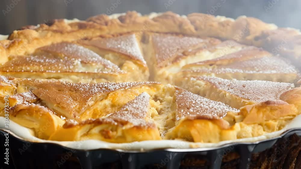 warm inviting apple pie fresh oven golden crust glistening camera slowly pans delicious textured surface warm inviting apple pie fresh oven golden crust glistening camera slowly pans delicious textured surface