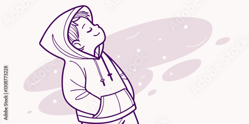 A child in a hooded sweatshirt.Doodle or linart style illustration. A thoughtful and introspective image perfect for emotional storytelling, youth blogs and weather related topics.