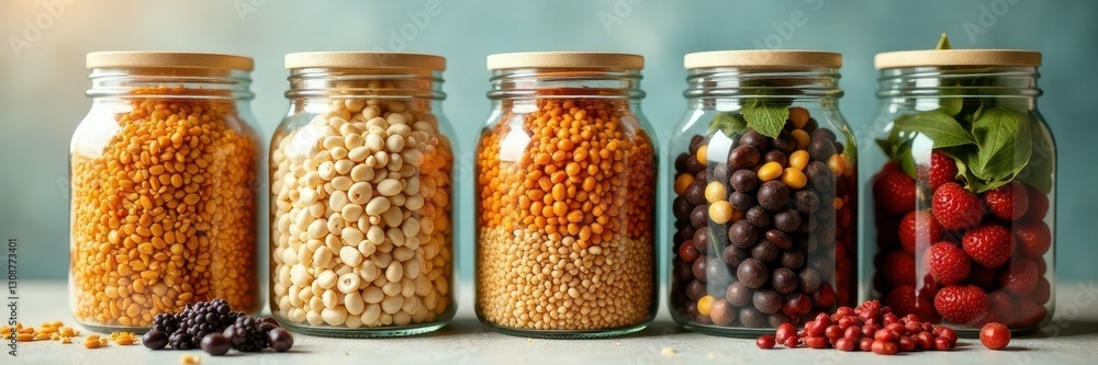 Reusable containers filled with bulk grains and legumes , eco-friendly, vegan Reusable containers filled with bulk grains and legumes , eco-friendly, vegan