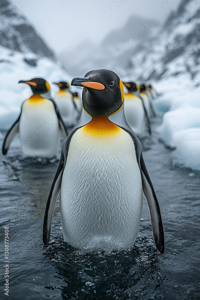 Fototapeta premium Majestic King Penguins in the Glacial Waters of Antarctica Expedition