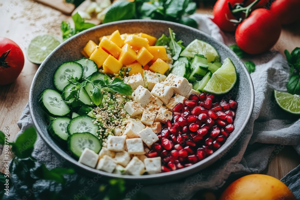 Fresh Salad Bowl with Feta, Mango, and Pomegranate
Fresh Salad Bowl with Feta, Mango, and Pomegranate