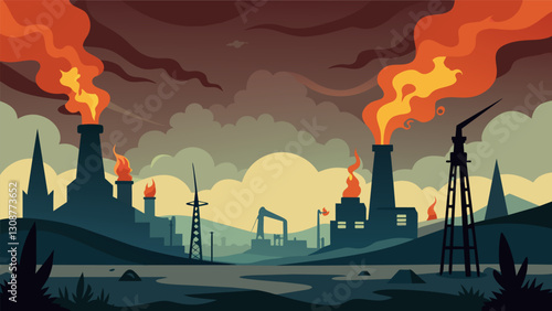 The toxic fumes emanating from the flaring gas create an eerie haze over the oil fields a haunting reminder of the environmental damage and health. Vector illustration
