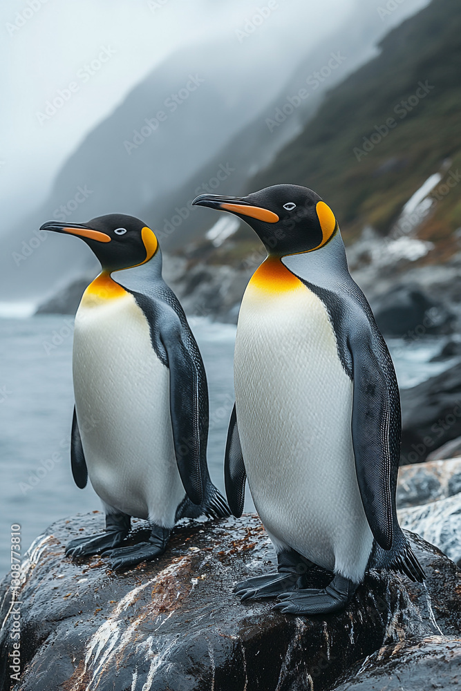 Fototapeta premium Pair of King Penguins Standing Proudly on Rocky Coastline Habitat