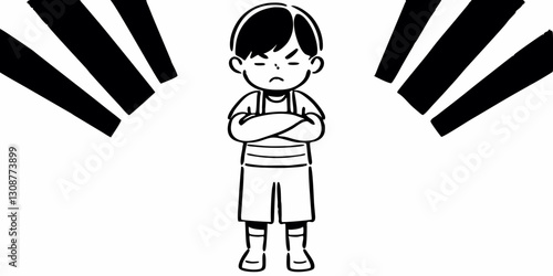 A child stands alone with arms crossed, looking frustrated or defiant. Best for parenting, psychology, and social issue blogs.