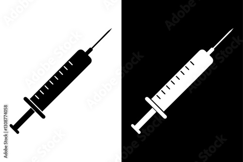 Disposable Syringe Icon Black and White Silhouette Vector for Medical Equipment.