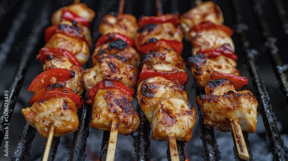 Smoky grilled bbq chicken skewers cooking over open flames with glazed marinade and charred grill marks, perfect for summer barbecue, outdoor grilling, and backyard cookout food photography Smoky grilled bbq chicken skewers cooking over open flames with glazed marinade and charred grill marks, perfect for summer barbecue, outdoor grilling, and backyard cookout food photography