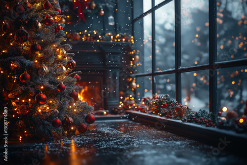 Christmas tree in a house with fireplace and decorations background