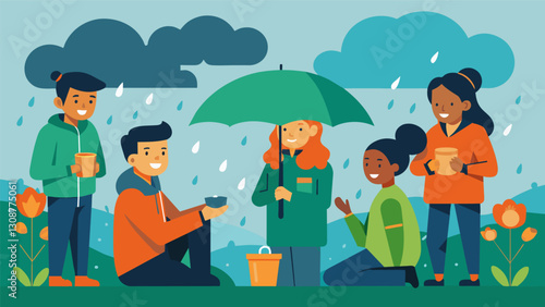 Rain showers bring a welcome break to the volunteers who use the downtime to discuss plans for future meadow restoration projects.. Vector illustration photo