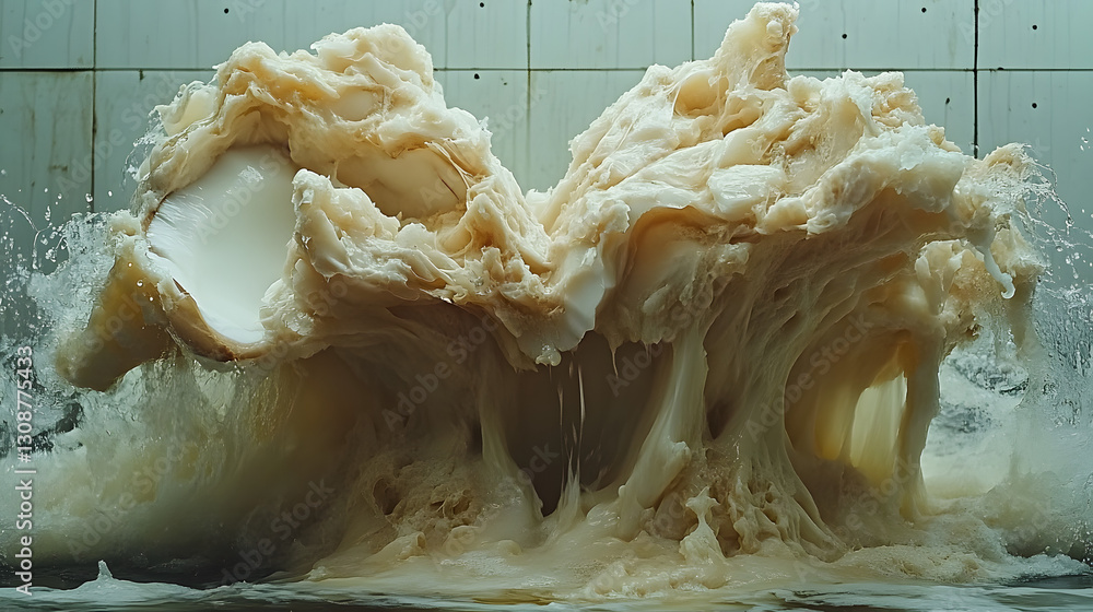 Fluid Dynamics: Capturing a moment of frozen motion of liquids like a tidal wave. A splash of liquid or foam against a flat surface.