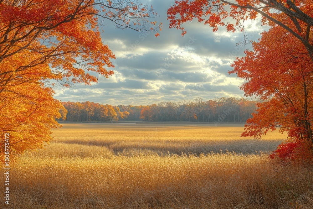 Autumn meadow framed by fiery maples under cloudy sky Autumn meadow framed by fiery maples under cloudy sky