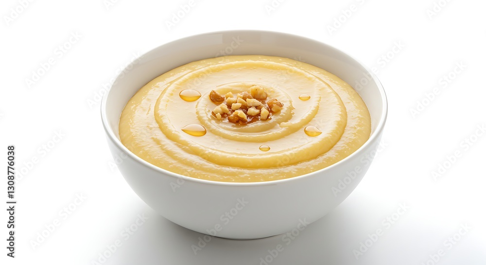A bowl of Sudanese aseeda, a sweet pudding made from sorghum, served on a white background. A bowl of Sudanese aseeda, a sweet pudding made from sorghum, served on a white background.