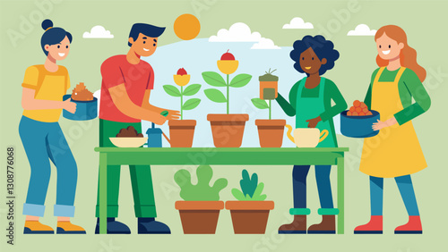 With their hands dirty from digging in the soil the gardening club members gather around a potting table to repot their latest acquisitions.. Vector illustration