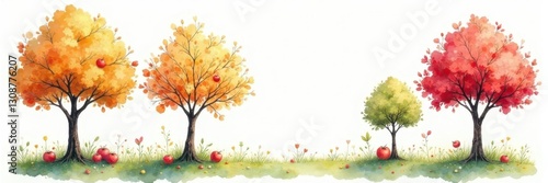 Delicate watercolor fruit trees, pastel palette, whimsical style , adorable, spring