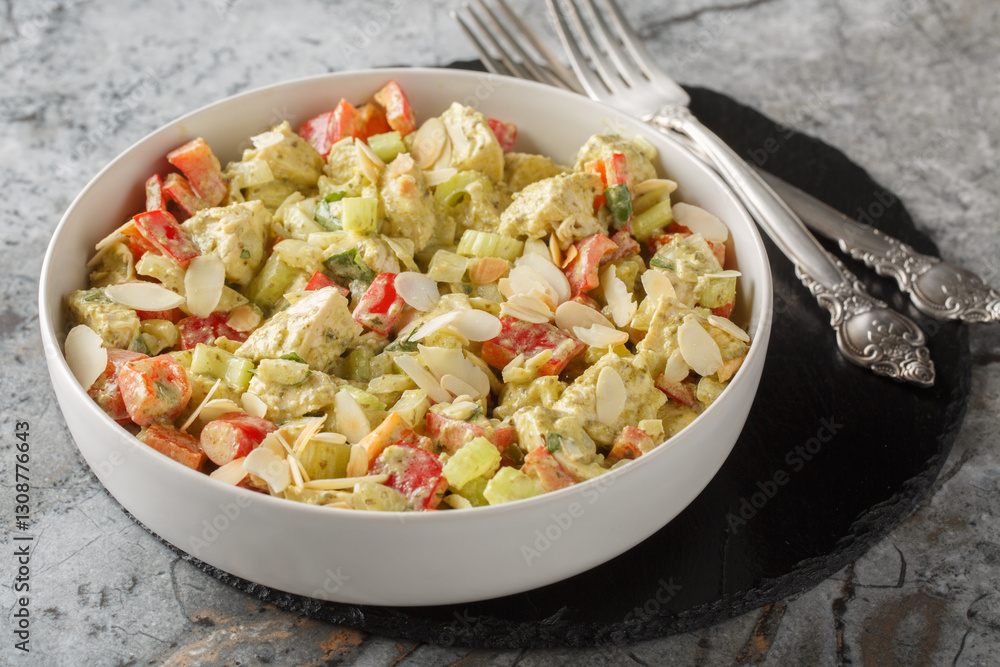 Italian pesto salad with chicken breast, vegetables and nuts close-up in a plate on the table. Horizontal