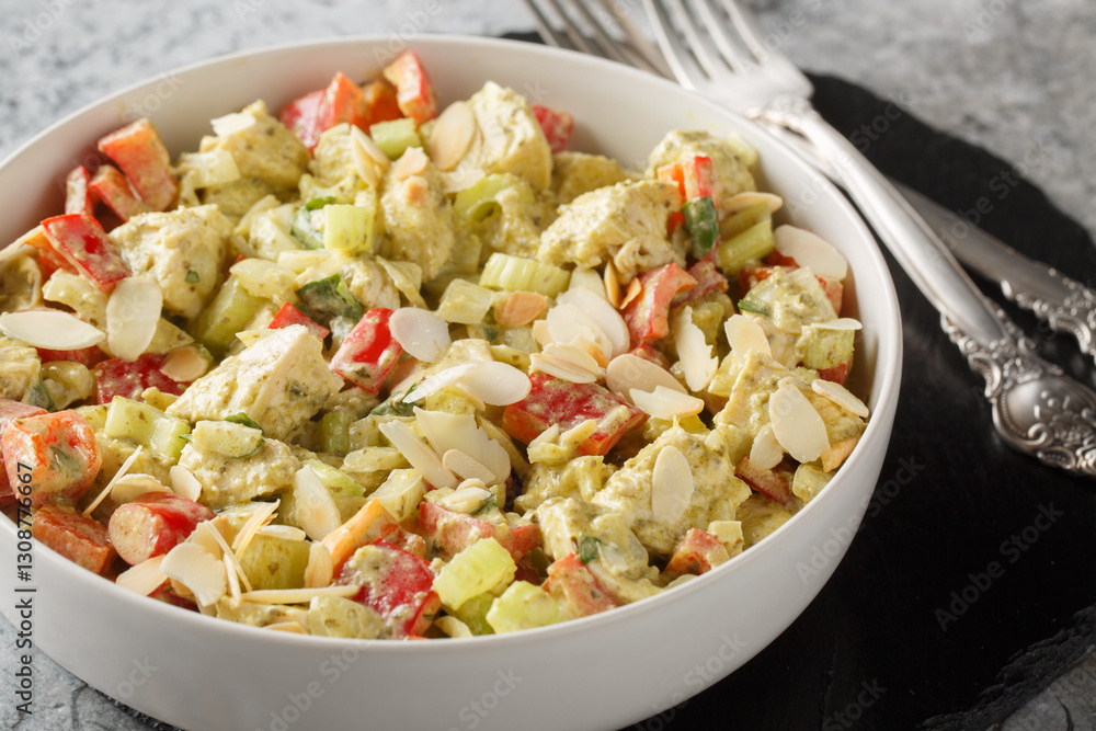 Creamy Pesto Chicken Salad with celery, onion, bell pepper and almond flakes close up on the table. Horizontal