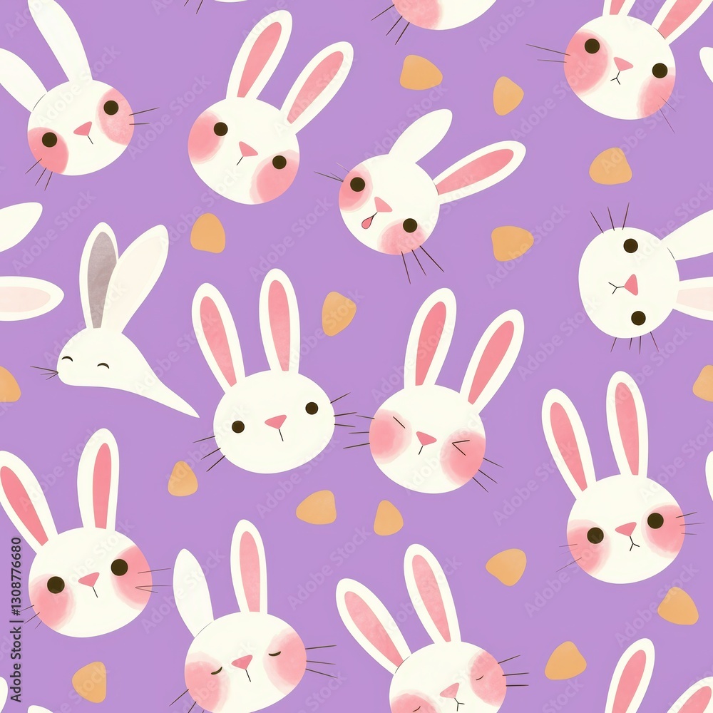 A delightful seamless pattern featuring adorable white bunny faces with various playful expressions on a soft purple background. A delightful seamless pattern featuring adorable white bunny faces with various playful expressions on a soft purple background.