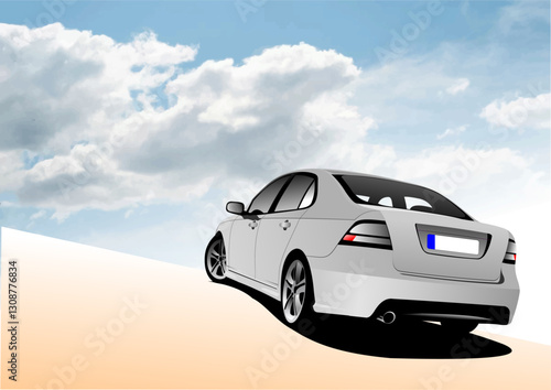 019-35-White car driving away from the city reaching the horizon under a cloudy skyHand drawn Illustration