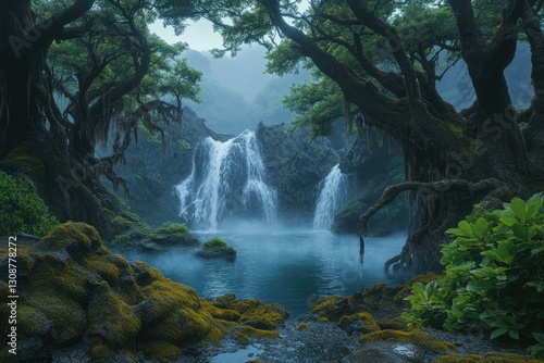 Enchanted waterfall cascades into a serene pool, nestled within a mystical, moss-draped forest.