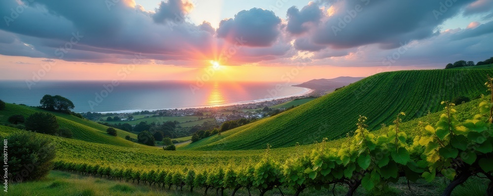 Obraz premium Rolling hills, grapevines meet the sea, dramatic sky, texture, hills