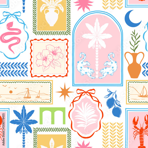 Patchwork vector tropical pattern featuring silhouettes of arches and frames, palm trees, hibiscus, palm leaves, leopards, and elegant vintage vases. Includes whimsical elements and bow