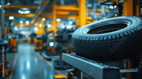 A new tire stored in a large manufacturing plant interior