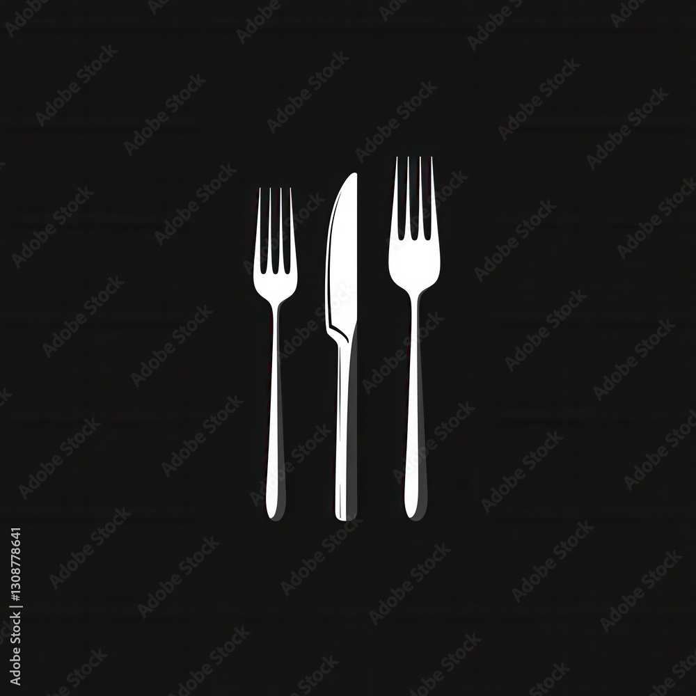 Elegant minimalist cutlery logo featuring simple fork and knife silhouettes on a black background for modern dining experiences Elegant minimalist cutlery logo featuring simple fork and knife silhouettes on a black background for modern dining experiences