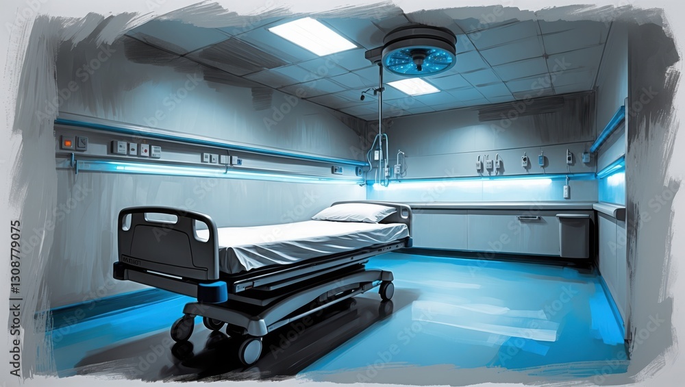 Empty hospital room with bed. Surgical light on ceiling. Blue and gray tones in illustration. Room is clean and modern. Empty hospital room with bed. Surgical light on ceiling. Blue and gray tones in illustration. Room is clean and modern.