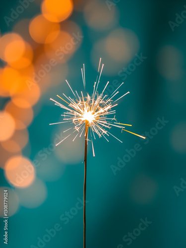 A sparker burns brightly against a blurred teal and orange bokeh background, symbolizing festive joy and celebration.