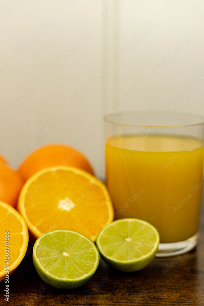 Cut oranges and limes on the table. A glass of citrus juice.Freshly orange juice Cut oranges and limes on the table. A glass of citrus juice.Freshly orange juice