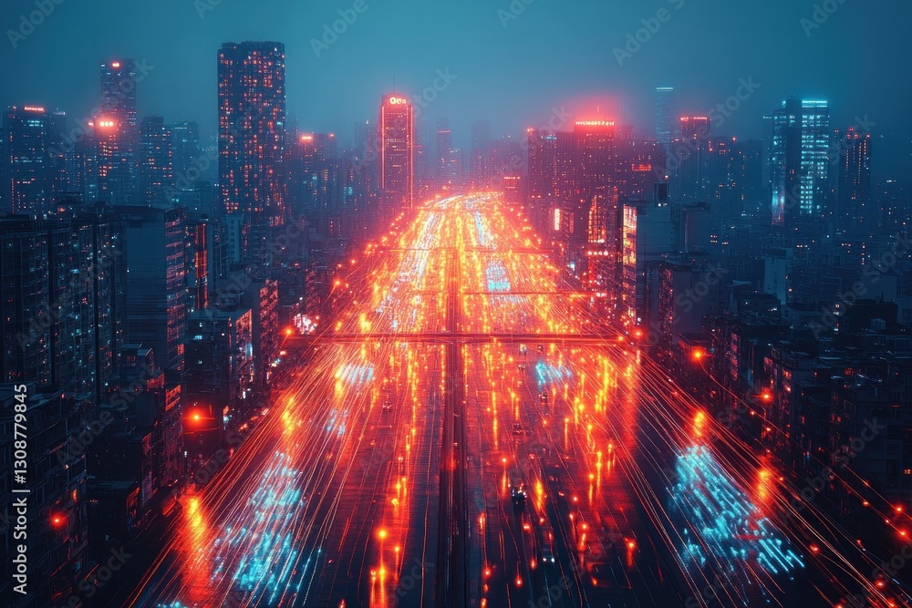Fototapeta premium Futuristic city highway at night with vibrant lights and blurred motion