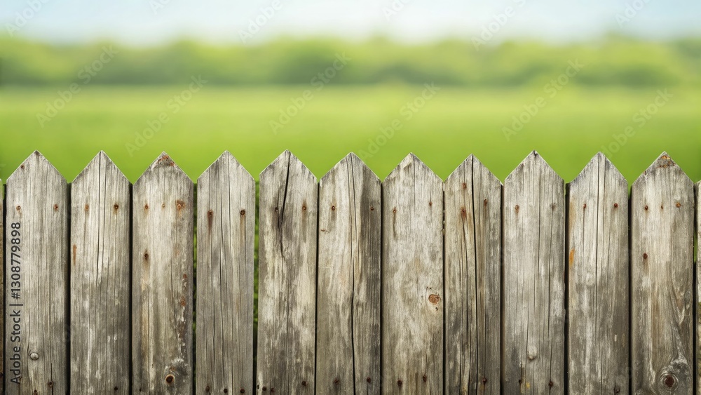 Rustic wooden fence stands against blurred green landscape. Rustic wooden fence stands against blurred green landscape.