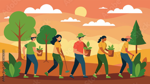 With a mission to bring life back to the land a group of volunteers sets out to plant as many trees as they can in a single day racing against the. Vector illustration