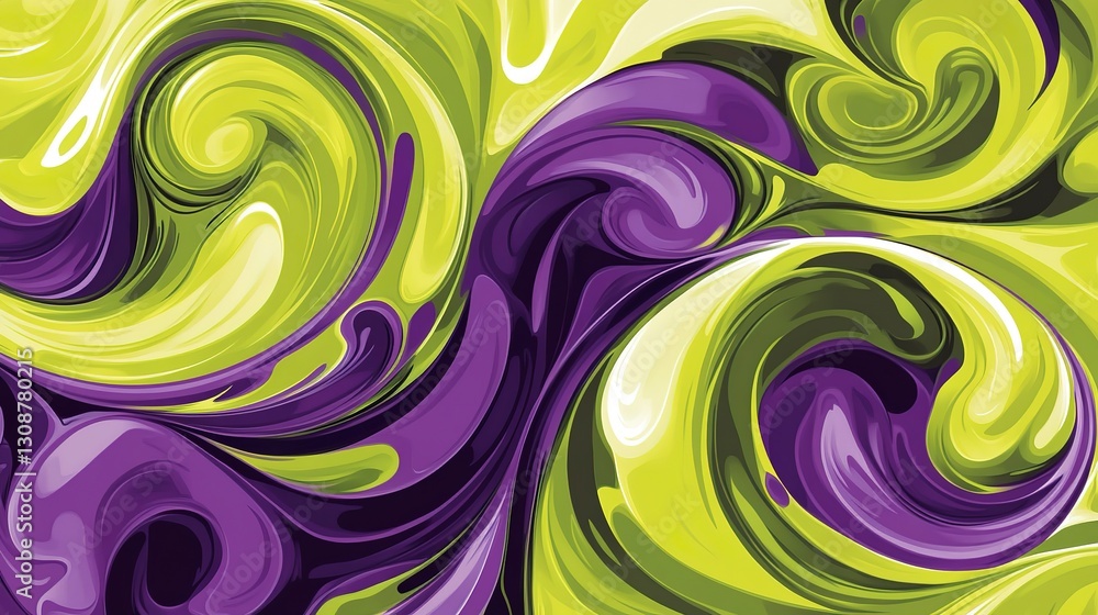Obraz premium Bright lime and violet swirls, bold and energetic with glossy fluid patterns